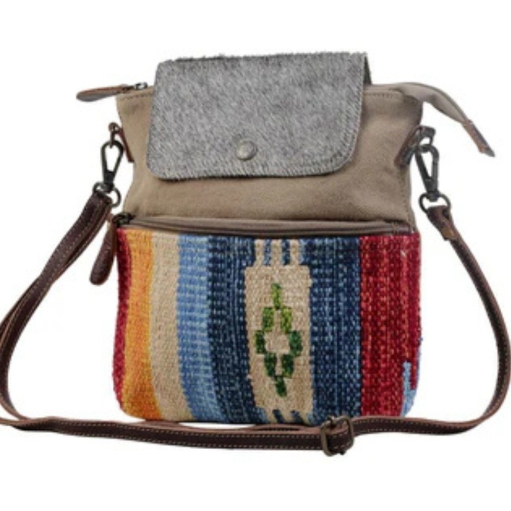 Myra Bag Spring Time Aztec Southwestern Crossbody Bag Canvas Leather Cowhide NWT